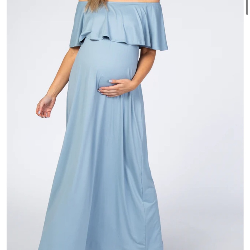 Pink blush off the shoulder maternity maxi dress.